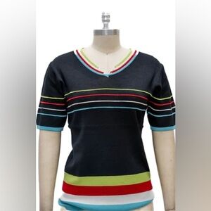 Striped V-Neck Short Sleeve Knit Top